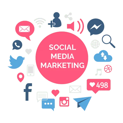 Colorful icons and symbols around social media platforms, representing Social Media Advertising png for online engagement, branding, and audience reach