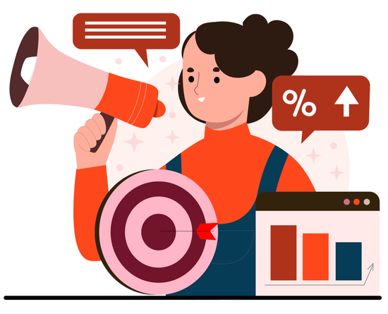 Illustration of a person aiming at a target with analytics charts, representing performance marketing strategies focused on achieving measurable results and conversions